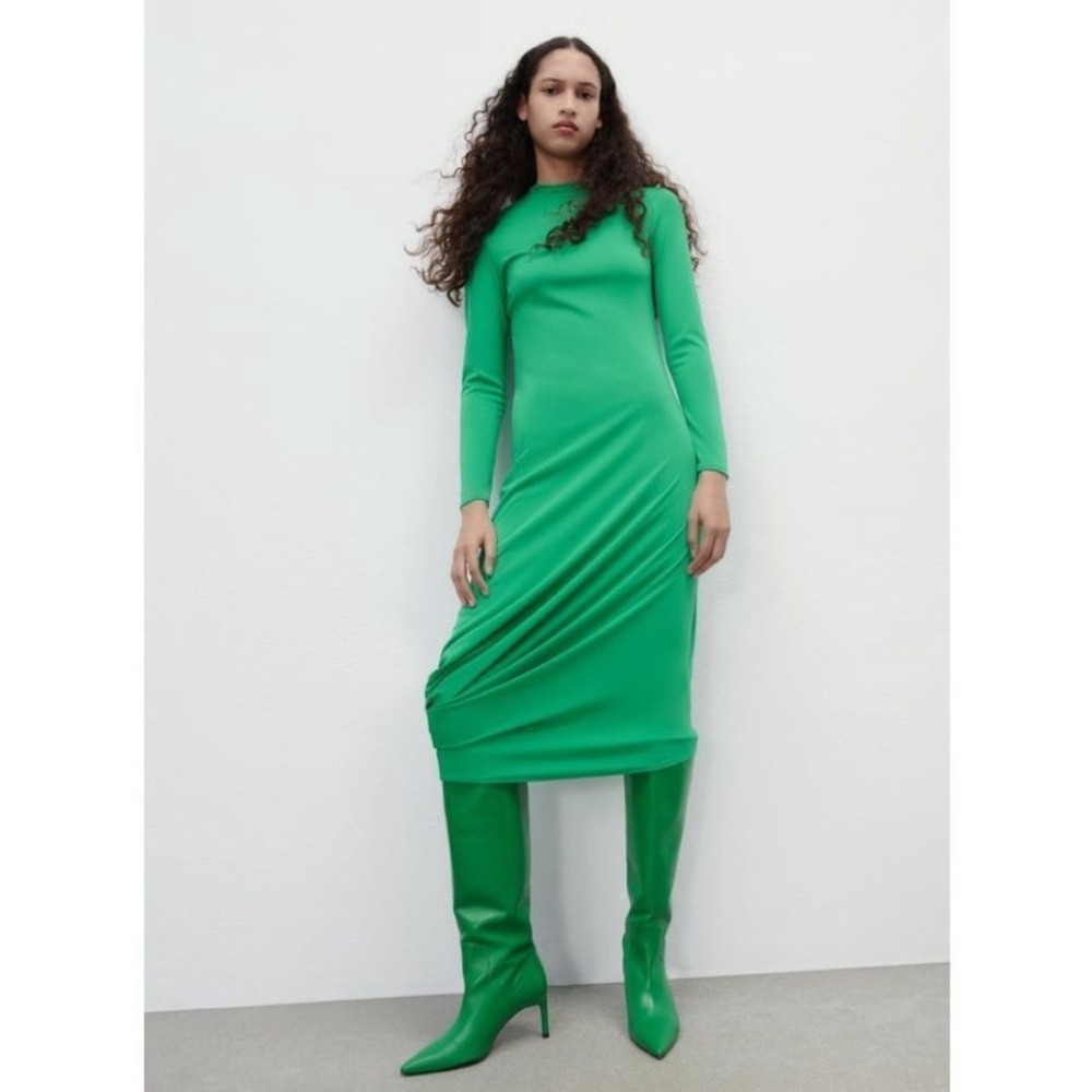 Zara Green FLOWY DRAPED DRESS - Picture 4 of 11